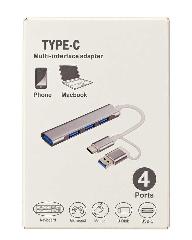 هاب USB چهار پورت Type-C Multi-Interface Adapter با رابط دوگانه USB-C و USB-A