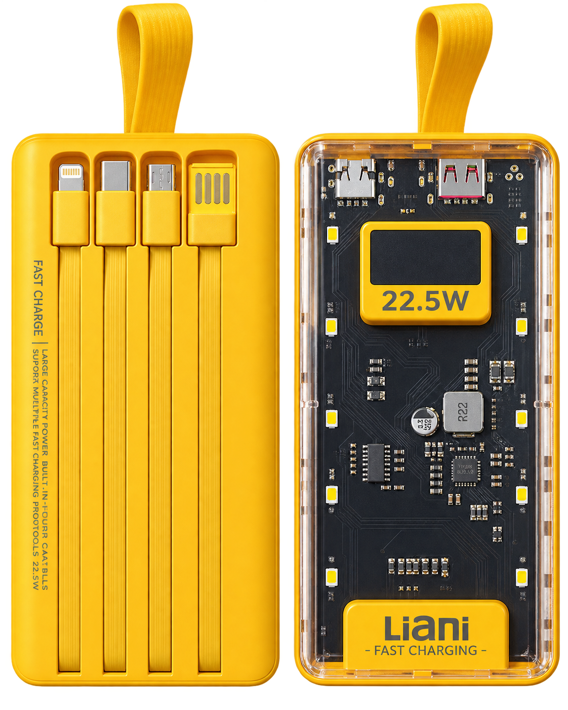 پاوربانک لیامی ظرفیت 10000 میلی‌آمپر ساعت مدل Super Flash Charger با توان 22.5 وات، چهار کابل متصل و نمایشگر دیجیتال