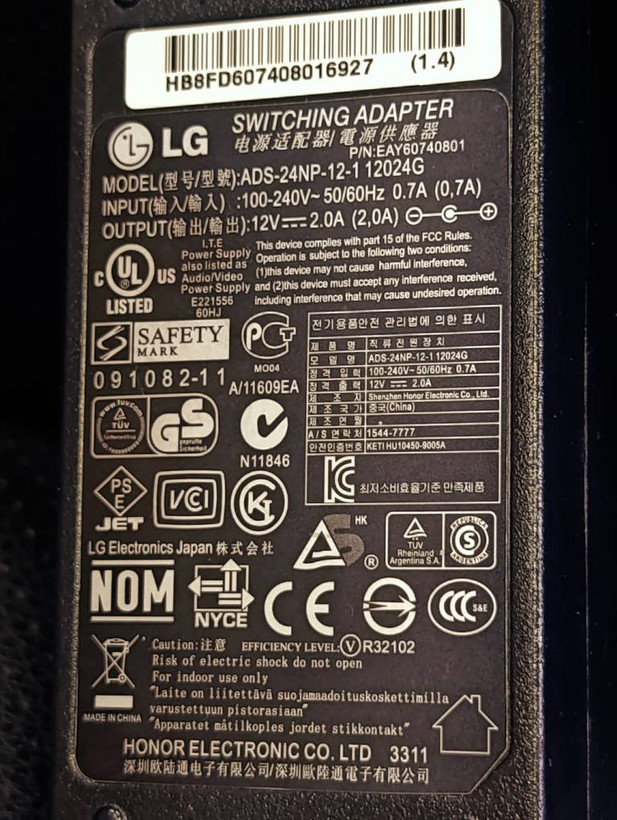 آداپتور اورجینال مانیتور LG مدل ADS-24NP-12-1 12024G با خروجی ۱۲ ولت ۲ آمپر و توان ۲۴ وات