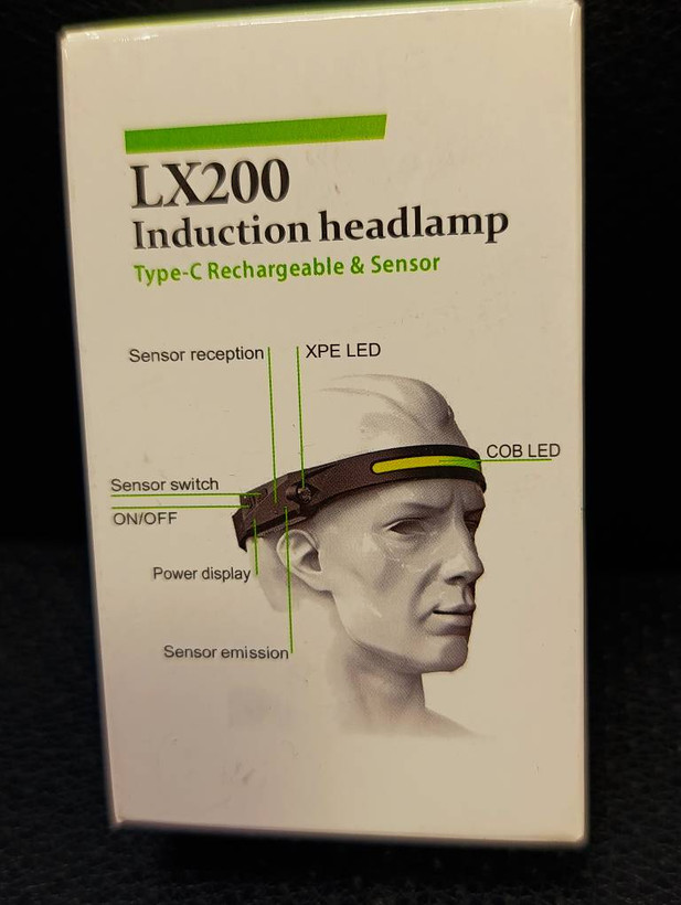 چراغ پیشانی سنسوردار LX200 شارژی Type-C با نور COB و XPE، روشنایی 600 لومن