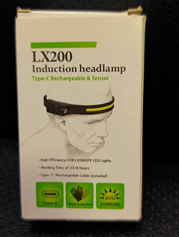 چراغ پیشانی سنسوردار LX200 شارژی Type-C با نور COB و XPE، روشنایی 600 لومن