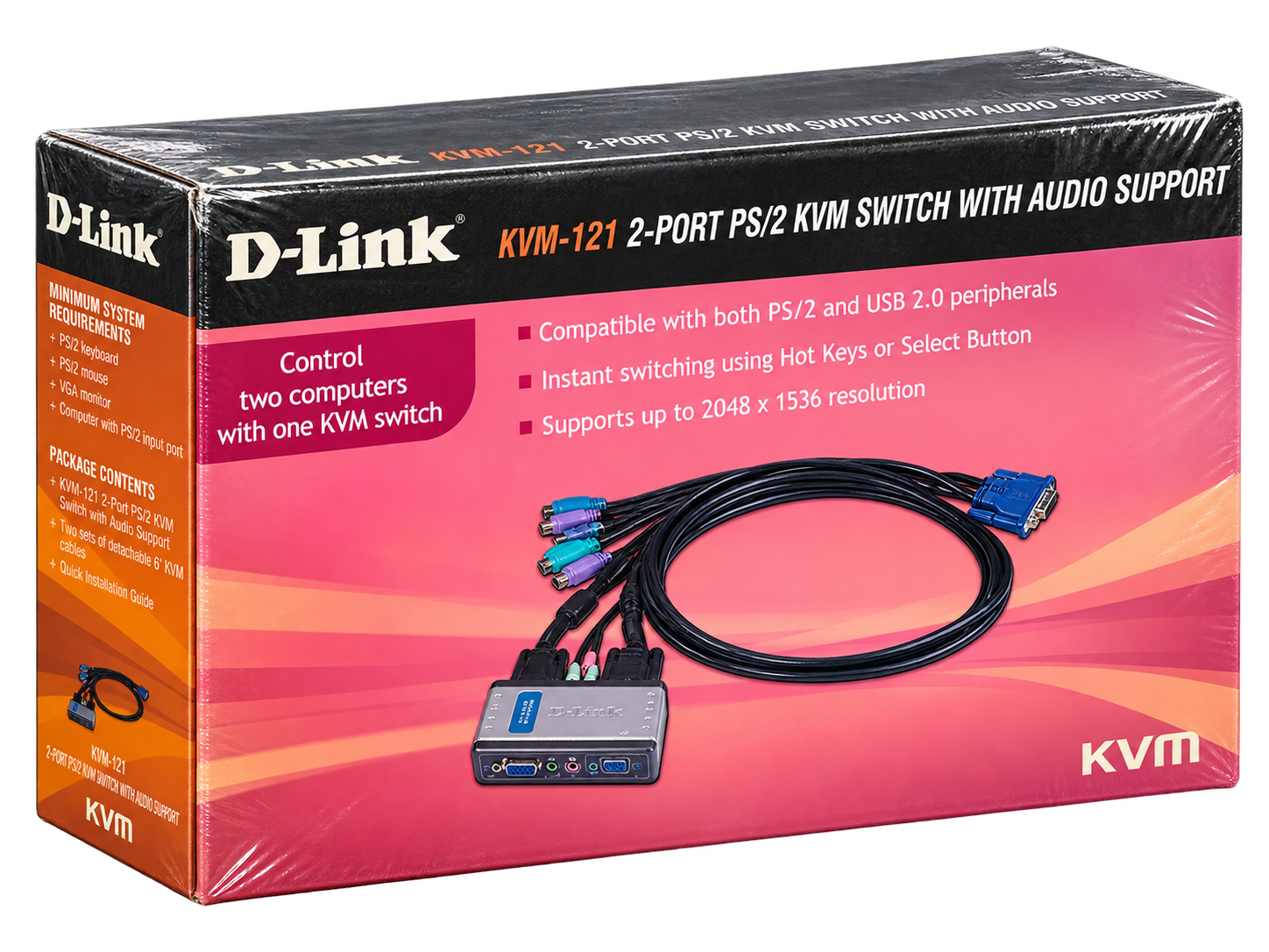 سوئیچ KVM دو پورت دی‌لینک مدل KVM-121 با VGA، PS/2 و پشتیبانی از صدا