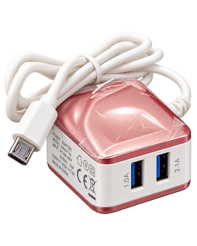 شارژر دیواری KeKe مدل F13C با دو پورت USB و کابل متصل Micro USB خروجی ۵ ولت ۲ آمپر