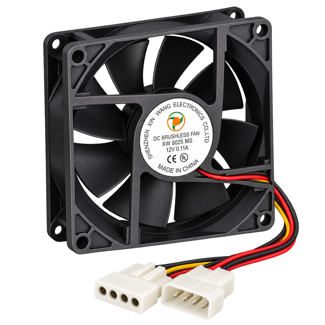 فن کیس ۸×۸ سانتی‌متر Shenzhen Xin Wang مدل XW 8025 MS با ولتاژ ۱۲ ولت و کانکتور Molex