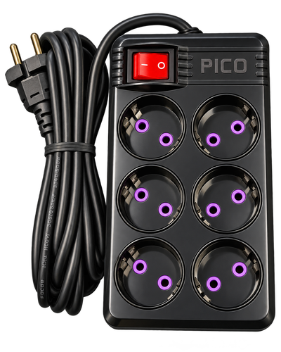 چندراهی برق ۶ خانه پیکو الکتریک PICO با کابل ۳ متری و کلید روشن/خاموش 10A