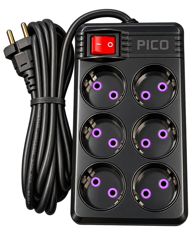چندراهی برق ۶ خانه پیکو الکتریک PICO با کابل ۳ متری و کلید روشن/خاموش 10A