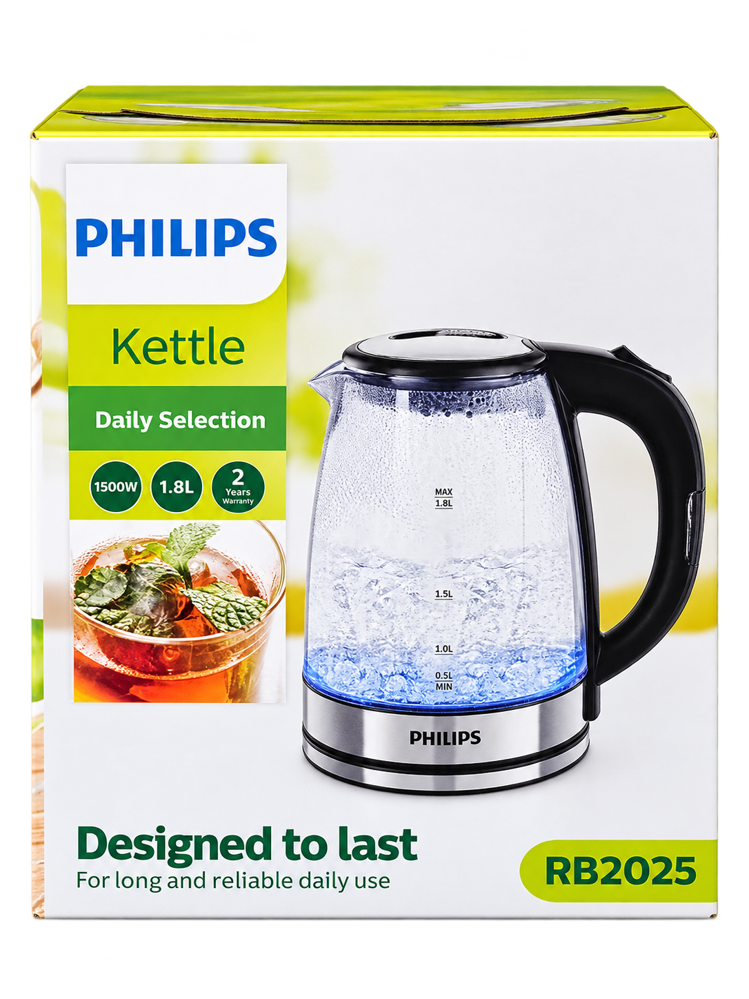 کتری برقی شیشه‌ای PHILIPS مدل RB2025 ظرفیت 1.8 لیتر توان 1500 وات