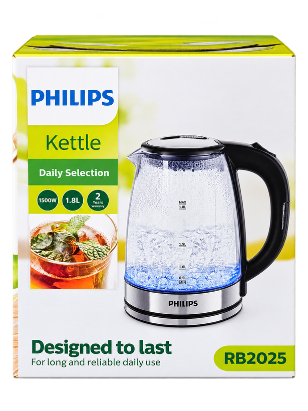 کتری برقی شیشهای PHILIPS مدل RB2025 ظرفیت 1.8 لیتر توان 1500 وات