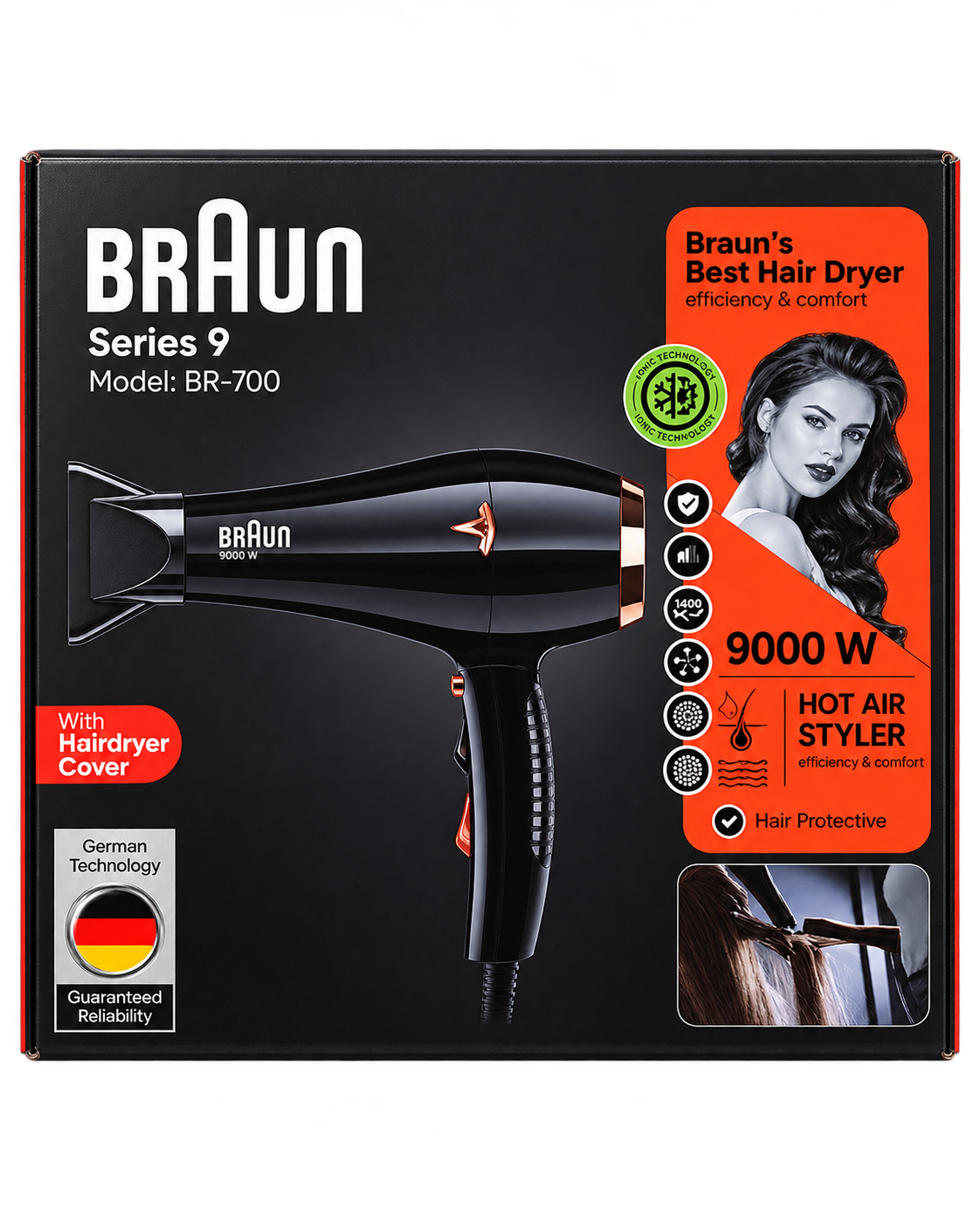 سشوار حرفه‌ای طرح Braun Series 9 مدل BR-700 با فناوری یونی و باد سرد