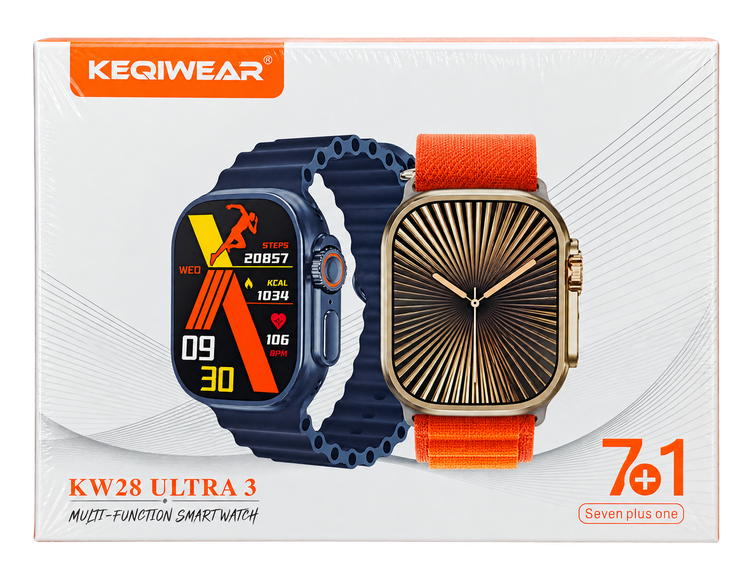 ساعت هوشمند KEQIWEAR مدل KW28 ULTRA 3 پکیج 7+1 با مکالمه بلوتوثی